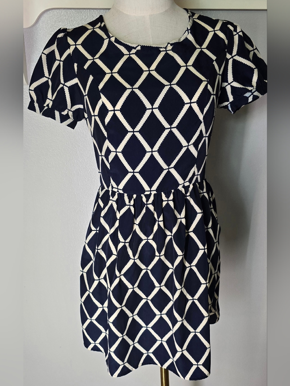 one clothing Navy and White Geometric Fit-and-Flare Mini Dress